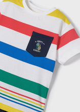 Load image into Gallery viewer, boys coloured stripey tee shirt and navy shorts outfit. mayoral 3658 boys top and shorts set. Tee shirt with stripes and navy shorts for a boy on kidstuff.ie detail