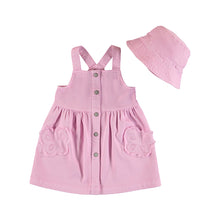 Load image into Gallery viewer, Pink dress and hat set. Mayoral 3907 Dungaree style dress and hat for a girl. Mauve pinafore and sunhat set for a girl.