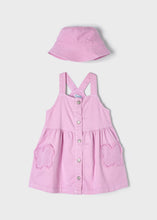Load image into Gallery viewer, Pink dress and hat set. Mayoral 3907 Dungaree style dress and hat for a girl. Mauve pinafore and sunhat set for a girl.