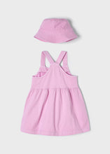 Load image into Gallery viewer, Pink dress and hat set. Mayoral 3907 Dungaree style dress and hat for a girl. Mauve pinafore and sunhat set for a girl. back view