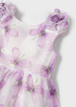 Load image into Gallery viewer, Party dress in lilac print. mayoral 3911 Dress for a girl. Lilac Butterfly print organza girl's dress . Special occasion girl's dress in purple printed organza detail.