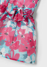 Load image into Gallery viewer, Turqoise and pink floral girl's dress .mayoral 3917 girl's dress. Party dress for a girl in turquoise and pink floral fabric. Detail.