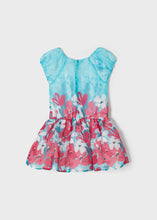 Load image into Gallery viewer, Turqoise and pink floral girl's dress .mayoral 3917 girl's dress. Party dress for a girl in turquoise and pink floral fabric back view