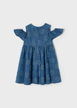 Load image into Gallery viewer, Girl's denim dress with floral pattern. Mayoral 3941 denim dress. Girls summer denim dress back view