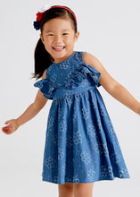 Load image into Gallery viewer, Girl's denim dress with floral pattern. Mayoral  3941 denim dress. Girls summer denim dress