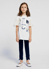 Load image into Gallery viewer, Girls top and leggings set in white and navy. Mayoral 6740 Girl's outfit. White top with Bonjour logo and navy leggings for a girl on kidstuff.ie
