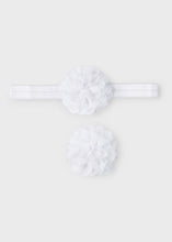 Load image into Gallery viewer, White baby headband and hairclip set. Mayoral 9500baby hairband set. White rosette baby headband and matching hair clip.