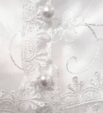 Load image into Gallery viewer, A beautiful three piece Christening outfit comprising a simple white satin gown with cap sleeves, an embroidered organza lace effect "coat" to wear over it, and a matching bonnet. The "coat"  has puff sleeves decorated with bows. It is fastened with pearl buttons and loops and is edged in guipure style lace trimming. The bonnet is fastened with velcro and is edged with a pretty organza frill.