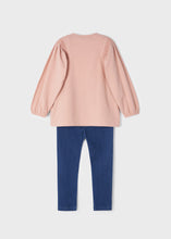 Load image into Gallery viewer, Girls top and jeggings set. Trendy printed pink top for a girl combined with blue jeggings. Ecofriends sustainable cotton leggings set by Mayoral, 4767 available on kidstuff.ie back view