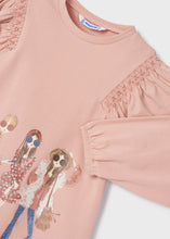 Load image into Gallery viewer, Girls top and jeggings set. Trendy printed pink top for a girl combined with blue jeggings. Ecofriends sustainable cotton leggings set by Mayoral, 4767 available on kidstuff.ie top detail