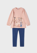 Load image into Gallery viewer, Girls top and jeggings set. Trendy printed pink top for a girl combined with blue jeggings. Ecofriends sustainable cotton leggings set by Mayoral, 4767 available on kidstuff.ie