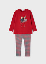 Load image into Gallery viewer, Red long sleeved t shirt with sparkly print on the front and matching tartan check leggings in red white and black. Mayoral 4777 set from the Ecofriends range in red. available from kidstuff.ie