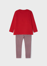 Load image into Gallery viewer, Red long sleeved t shirt with sparkly print on the front and matching tartan check leggings in red white and black. Mayoral 4777 set from the Ecofriends range in red. available from kidstuff.ie back view.