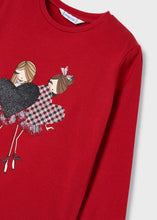 Load image into Gallery viewer, Red long sleeved t shirt with sparkly print on the front and matching tartan check leggings in red white and black. Mayoral 4777 set from the Ecofriends range in red. available from kidstuff.ie