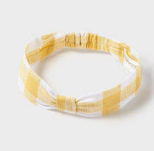 Load image into Gallery viewer, Baby girl's white top and check capri leggings set in banana yellow with matching headband. Mayoral 1715 baby girl's outfit in banana yellow.