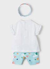 Load image into Gallery viewer, Baby girls leggings top and headband outfit in aqua with flamingo print, Mayoral 1715 baby girl set in aqua. aby girl's printed short leggings, hairband and matching top available to buy online from Kidstuff.ie