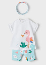 Load image into Gallery viewer, Baby girls leggings top and headband outfit in aqua with flamingo print, Mayoral 1715 baby girl set in aqua. aby girl's printed short leggings, hairband and matching top available to buy online from Kidstuff.ie
