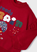 Load image into Gallery viewer, Baby girl's red top , print leggings and matching headband set. mayoral 2725 toddler outfit. close up view.