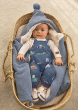 Load image into Gallery viewer, Baby boy's onesie with car print from the Ecofriends collection. Mayoral 2648 romper in indigo blue. Available on kidstuff.ie