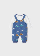 Load image into Gallery viewer, Baby boy's onesie with car print from the Ecofriends collection. Mayoral 2648 romper in indigo blue. Back view.