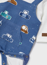 Load image into Gallery viewer, Baby boy's onesie with car print from the Ecofriends collection. Mayoral 2648 romper in indigo blue. Close up view