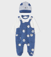 Load image into Gallery viewer, Baby Boy's Romper with long sleeves in indigo blue with cute animal print, with matching stried hat. Mayoral 2621 baby boy romper and hat set.