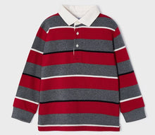 Load image into Gallery viewer, Long-sleeved boy's polo shirt in block stripes of red and grey separated with narrow stripes of black and winter white. Cotton jersey body Woven collar .Button opening. Made by Mayoral and available on kidstuff.ie