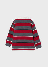 Load image into Gallery viewer, Long-sleeved boy's polo shirt in block stripes of red and grey separated with narrow stripes of black and winter white. Cotton jersey body Woven collar, Button opening. Made by Mayoral and available on kidstuff.ie Back view