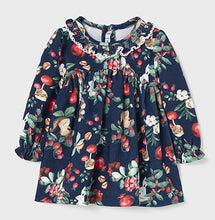 Load image into Gallery viewer, Printed dress for a baby girl. Navy print long sleeved dress. Mayoral baby dress 2948