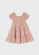 Load image into Gallery viewer, girl's dress with shirred bodice in quartz pink print available to buy on kidstuff.ie