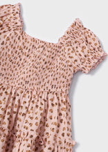 Load image into Gallery viewer, girl's dress with shirred bodice in quartz pink print available to buy on kidstuff.ie