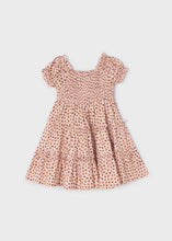 Load image into Gallery viewer, girl's dress with shirred bodice in quartz pink print available to buy on kidstuff.ie