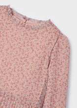 Load image into Gallery viewer, Rose pink printed dress for a girl withlong sleeves and pleated shirt . Mayoral 4961 in pink. available on kidstuff.ie Close up view