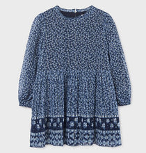 Load image into Gallery viewer, Girl's dress in blue printed and pleated chiffon. Mayoral girl's dress 4961 in navy blue. Border-print  girls dress with long sleeves andpleated skirt.