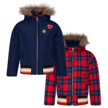 Load image into Gallery viewer, Girl's reversible jacket. Tuctuc  girl's coat. Red tartan and navy reversible jacket