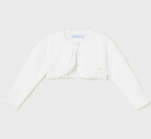 Load image into Gallery viewer, white bolero cardigan for a baby or toddler girl. Mayoral 306 bolero cardigan in white available on kidstuff.ie
