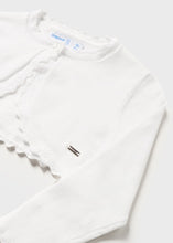 Load image into Gallery viewer, white bolero cardigan for a baby or toddler girl. Mayoral 306 bolero cardigan in white available on kidstuff.ie