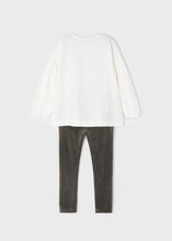 Load image into Gallery viewer, Girl's Cream top and velvet leggings outfit. mayoral 4765 st in Mocha. Long sleeved cream top and brown velvet leggings for a girl available on kidstuff.ie back View
