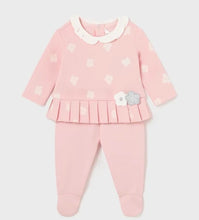 Load image into Gallery viewer, Baby girl&#39;s pink two piece  cotton-knit outfit. Mayoral 2505 pink set. Pink top with pleat detail and pink leggings for a baby girl , available on kidstuff.ie
