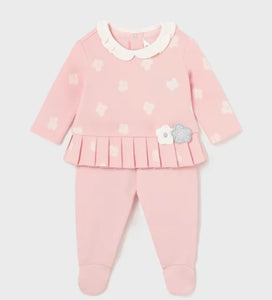 Baby girl's pink two piece  cotton-knit outfit. Mayoral 2505 pink set. Pink top with pleat detail and pink leggings for a baby girl , available on kidstuff.ie