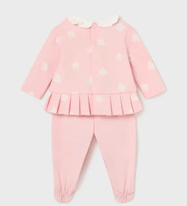 Baby girl's pink two piece cotton-knit outfit. Mayoral 2505 pink set. Pink top with pleat detail and pink leggings for a baby girl , available on kidstuff.ie Back View.