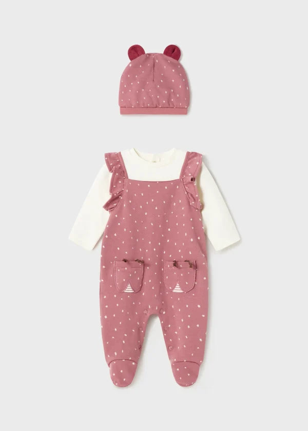 Baby girl's onesie and hat set in pink. Mayoral 2663 baby girl's outfit on kidstuff.ie. Baby  girl's romper and hat set.