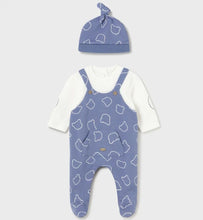 Load image into Gallery viewer, Baby boy&#39;s blue onesie and hat set. Mayoral 2673 boy&#39;s outfit. Blue romper and hat on kidstuff.ie
