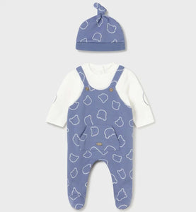 Baby boy's blue onesie and hat set. Mayoral 2673 boy's outfit. Blue romper and hat on kidstuff.ie