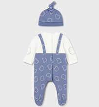 Load image into Gallery viewer, Baby boy&#39;s blue onesie and hat set. Mayoral 2673 boy&#39;s outfit. Blue romper and hat on kidstuff.ie Back view
