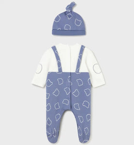 Baby boy's blue onesie and hat set. Mayoral 2673 boy's outfit. Blue romper and hat on kidstuff.ie Back view