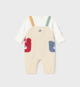 Baby boy cream romper with red, yellow, blue and green details. Mayoral 2688 onesie for a boy.