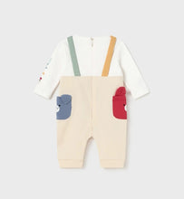 Load image into Gallery viewer, Baby boy cream romper with red, yellow, blue and green details. Mayoral 2688 onesie for a boy. Back view.
