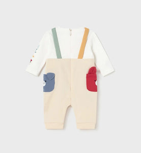 Baby boy cream romper with red, yellow, blue and green details. Mayoral 2688 onesie for a boy. Back view.