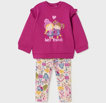 Load image into Gallery viewer, toddler girl&#39;s outfit with a magenta sweatshirt and printed leggings. Mayoral 2767 for a girl. Pink leggings and top set for a baby girl available on kidstuff.ie
